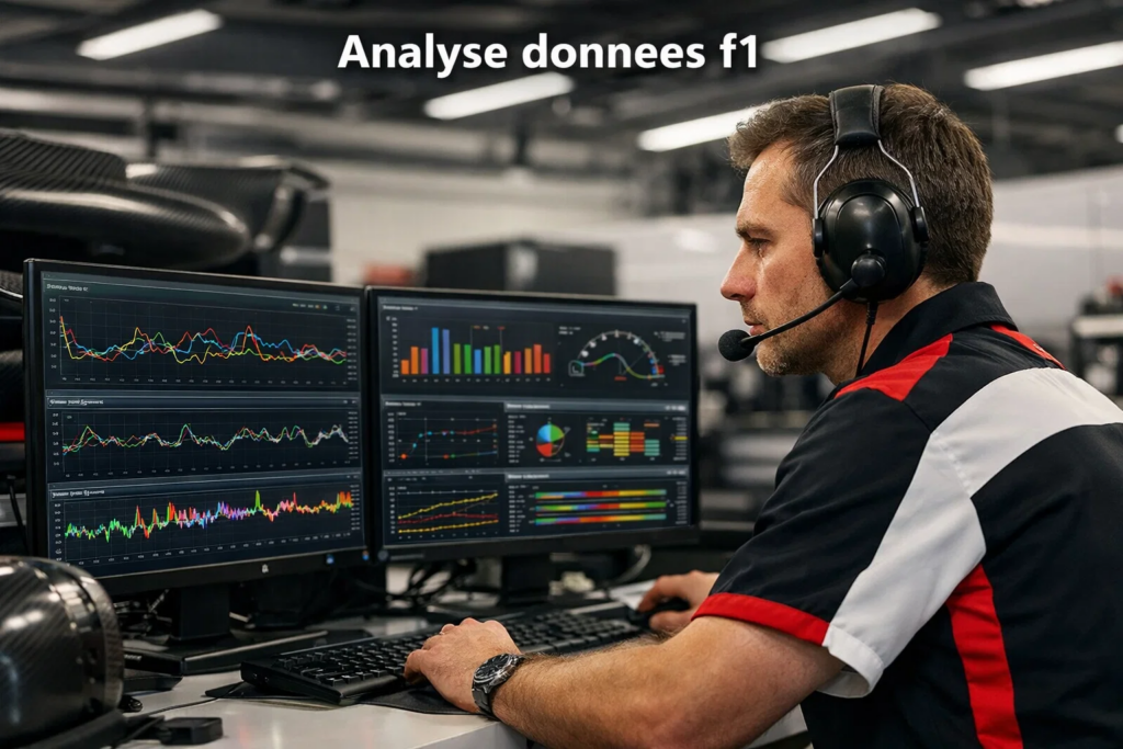 Ingénieur analysant des données de télémétrie F1 sur plusieurs écrans dans le paddock
