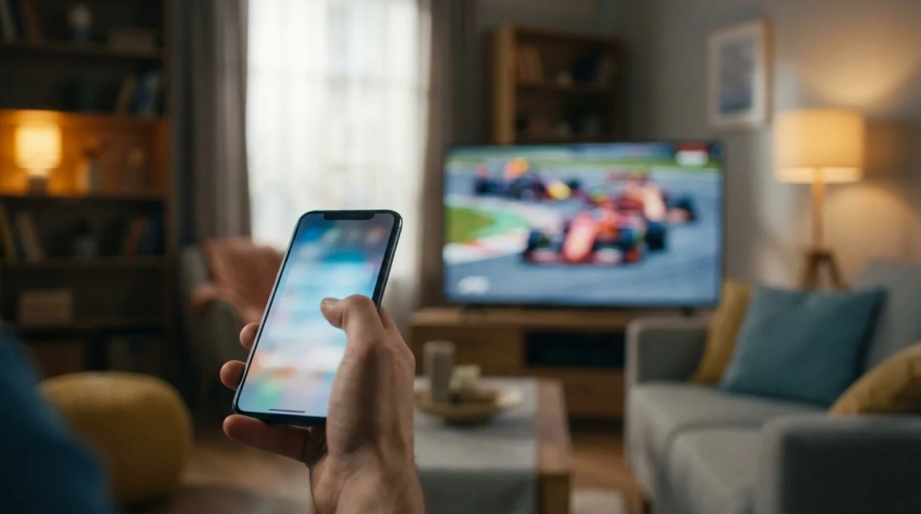 Current image: Main tenant un smartphone avec l'écran allumé devant une course de F1
