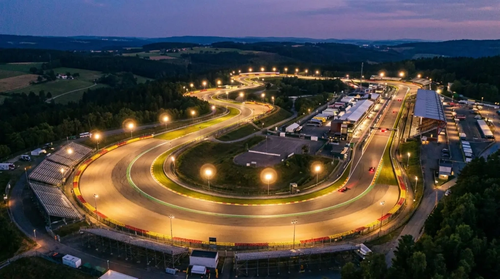 Current image: Vue aérienne d'un circuit de Formule 1 au crépuscule avec les projecteurs allumés