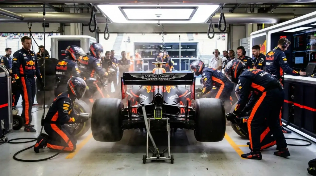 Current image: Arrêt aux stands rapide d'une monoplace F1 avec les mécaniciens en action