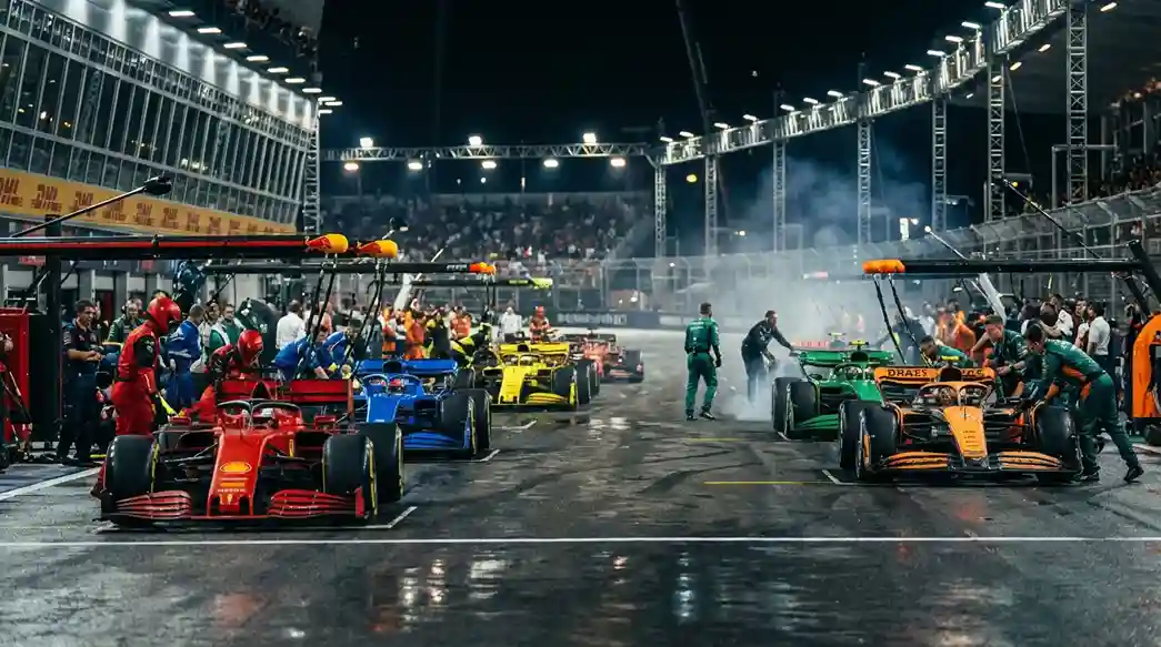 Current image: Rangée de monoplaces de F1 alignées dans les stands avant un Grand Prix