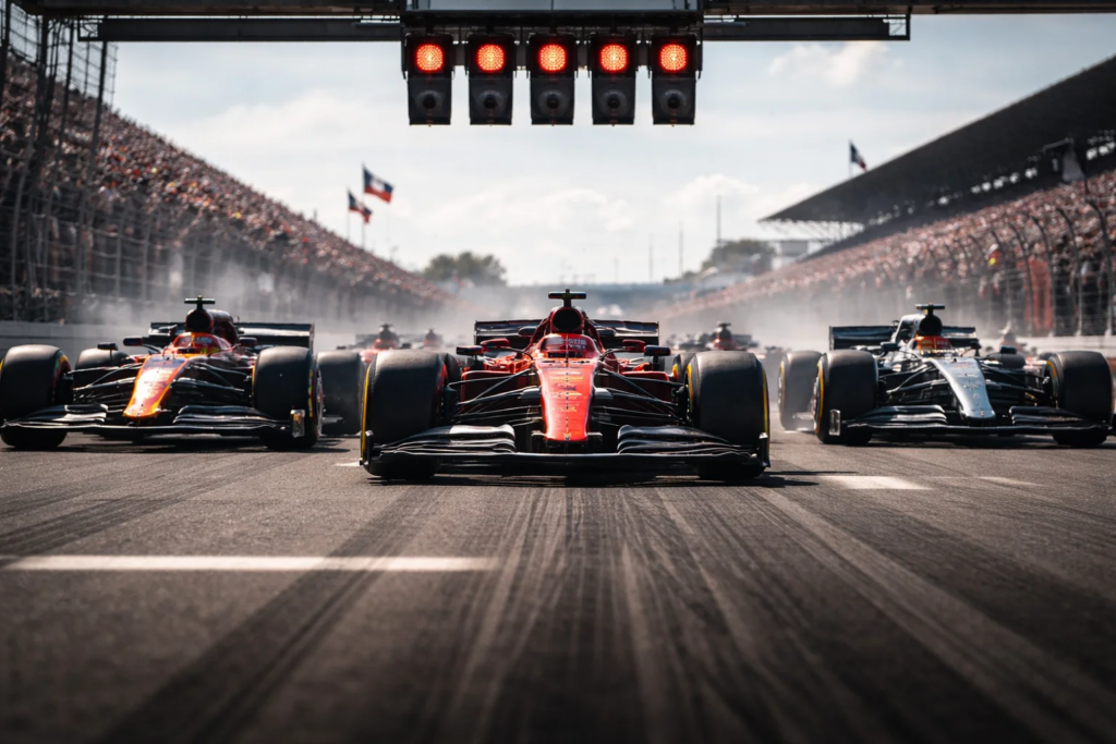 Départ spectaculaire d'un Grand Prix de Formule 1 avec les monoplaces alignées sur la grille