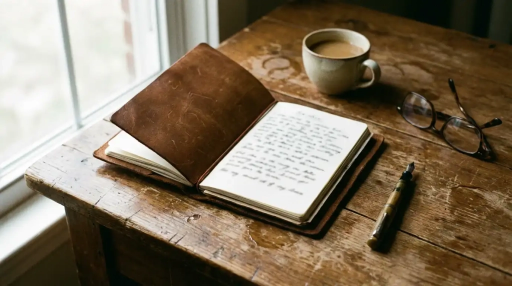 Current image: Carnet de notes ouvert avec un stylo posé sur un bureau en bois