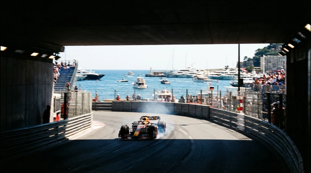 Current image: Monoplace de F1 traversant le tunnel de Monaco avec la mer en arrière-plan