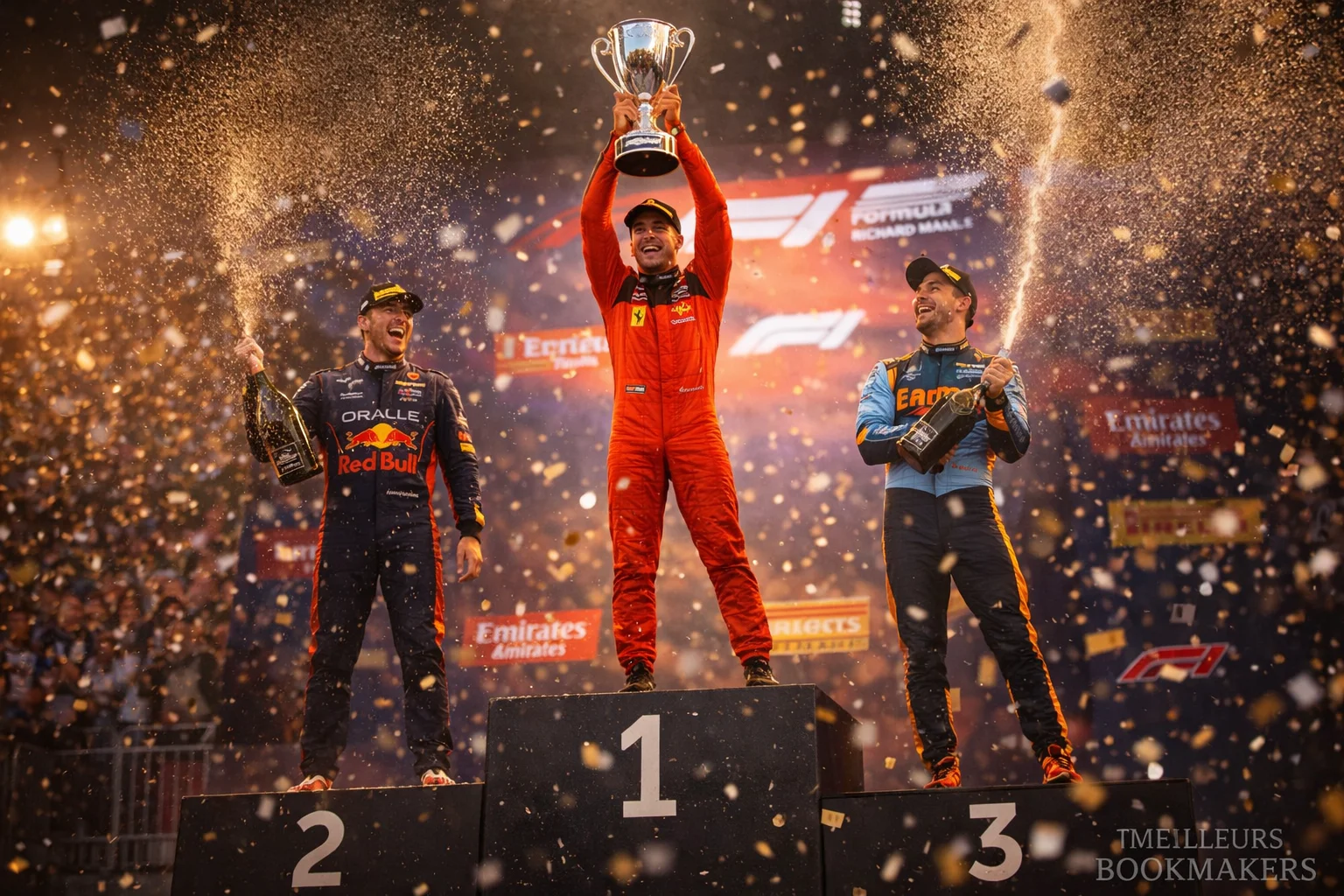 Podium de Grand Prix avec champagne et trophées