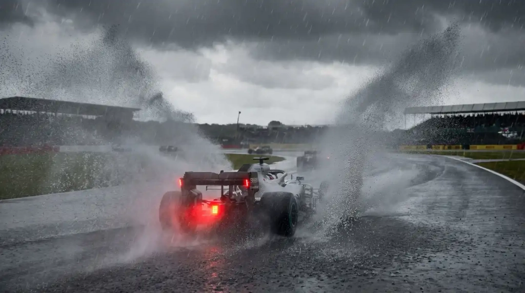 Current image: Monoplace de F1 projetant des gerbes d'eau sur une piste mouillée par la pluie