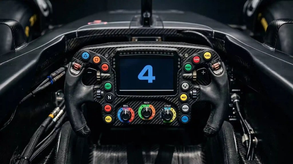 Current image: Gros plan sur le volant complexe d'une monoplace de Formule 1