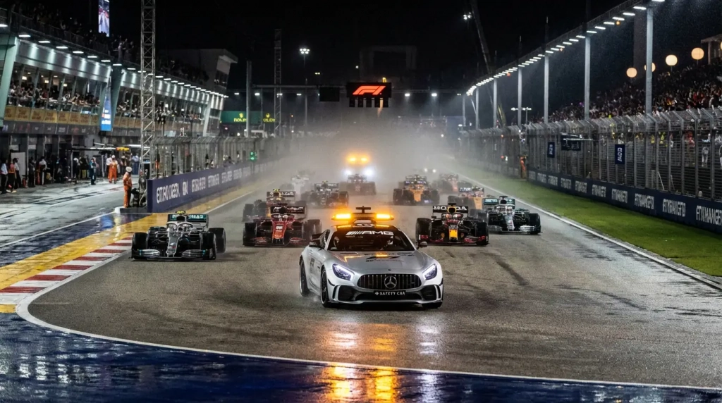 Current image: Safety car devant le peloton de F1 sous les lumières du circuit la nuit
