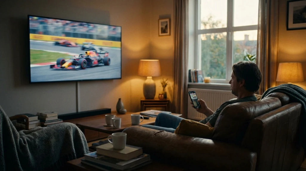 Current image: Personne regardant un Grand Prix de F1 à la télévision avec un smartphone en main