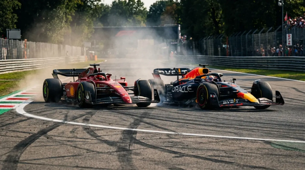 Current image: Deux monoplaces de F1 côte à côte dans un virage serré en course