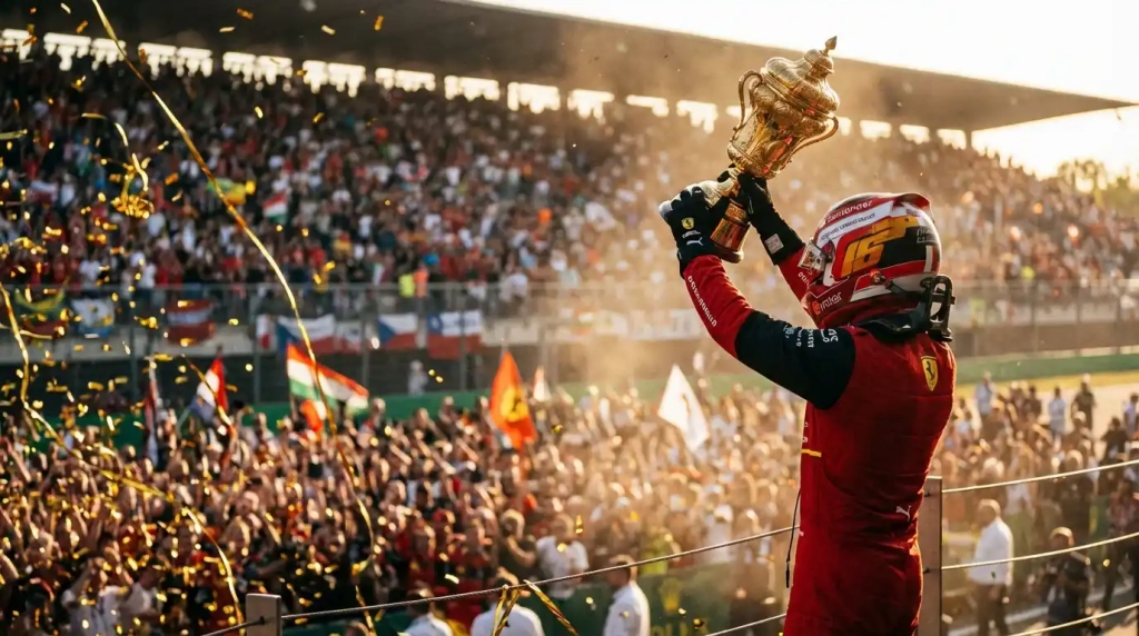Current image: Pilote de F1 soulevant le trophée du championnat du monde sur le podium