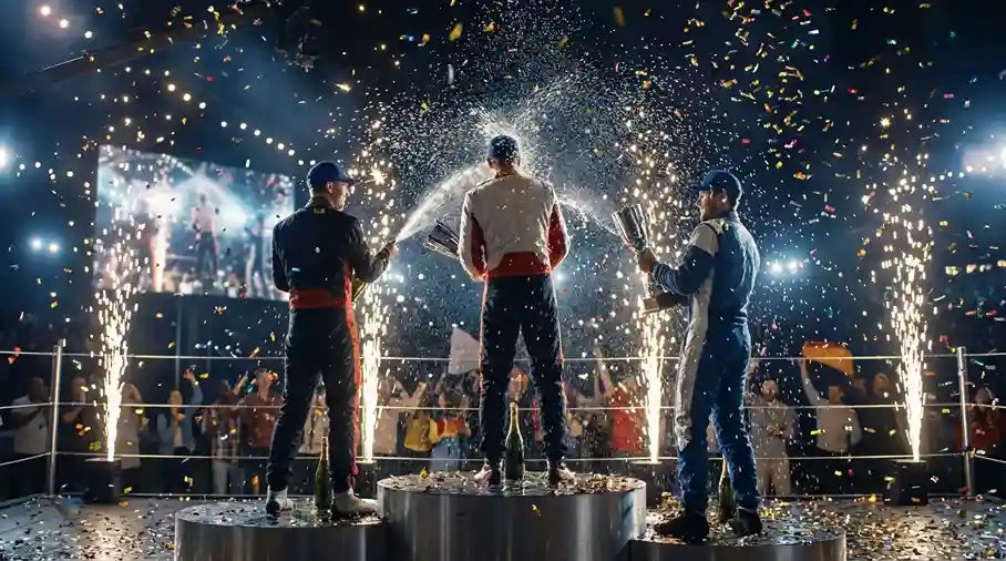 Current image: Trois pilotes de Formule 1 sur le podium avec des trophées et du champagne