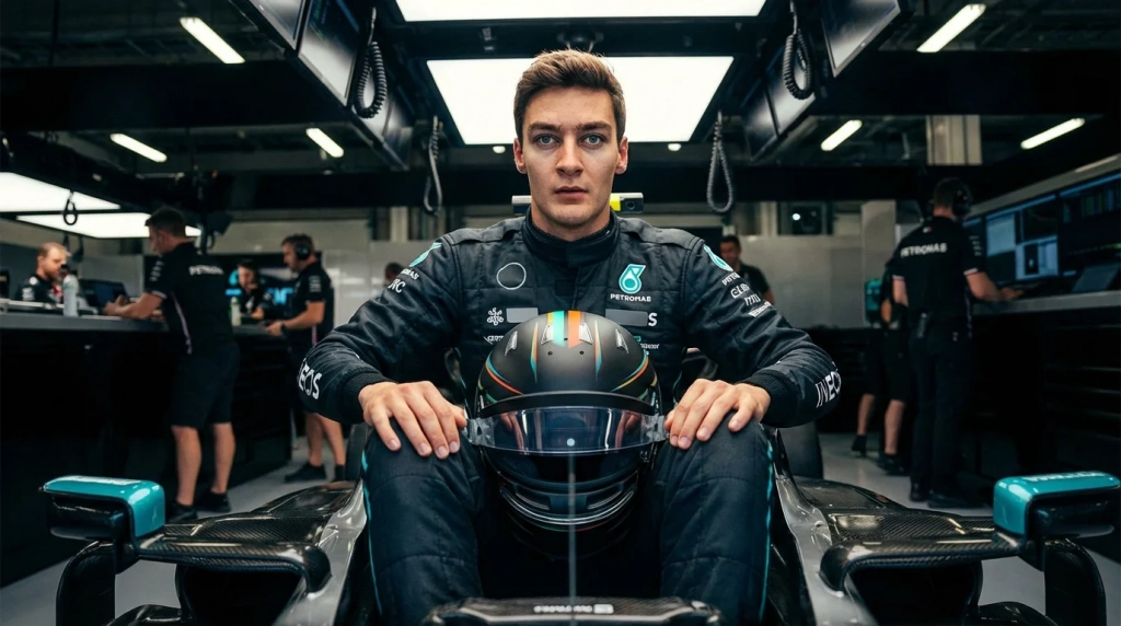 Current image: Pilote de Formule 1 assis dans son cockpit casque en main avant la course