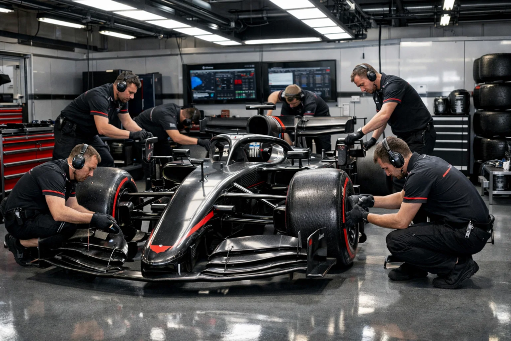 Équipe de mécaniciens préparant une monoplace F1 dans le paddock avant la course