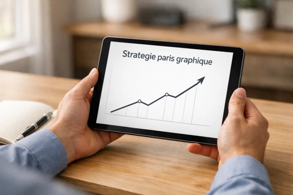 Personne étudiant un graphique de progression simple sur tablette pour sa stratégie de paris