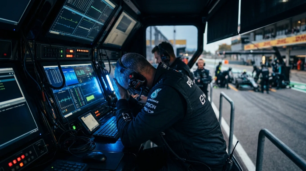 Current image: Ingénieur F1 analysant des données de télémétrie sur le muret des stands