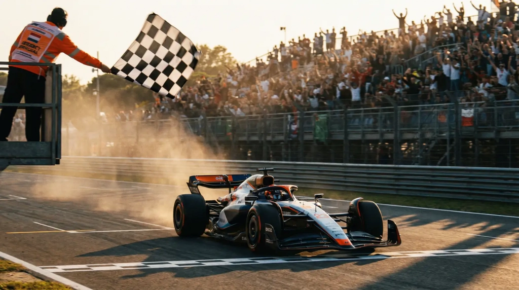 Current image: Monoplace de F1 inattendue franchissant la ligne d'arrivée en tête de course